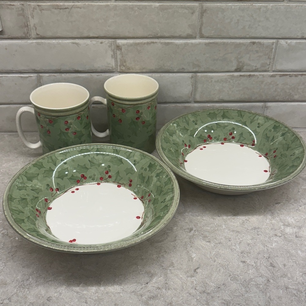 Lenox Green and White Holly Mugs